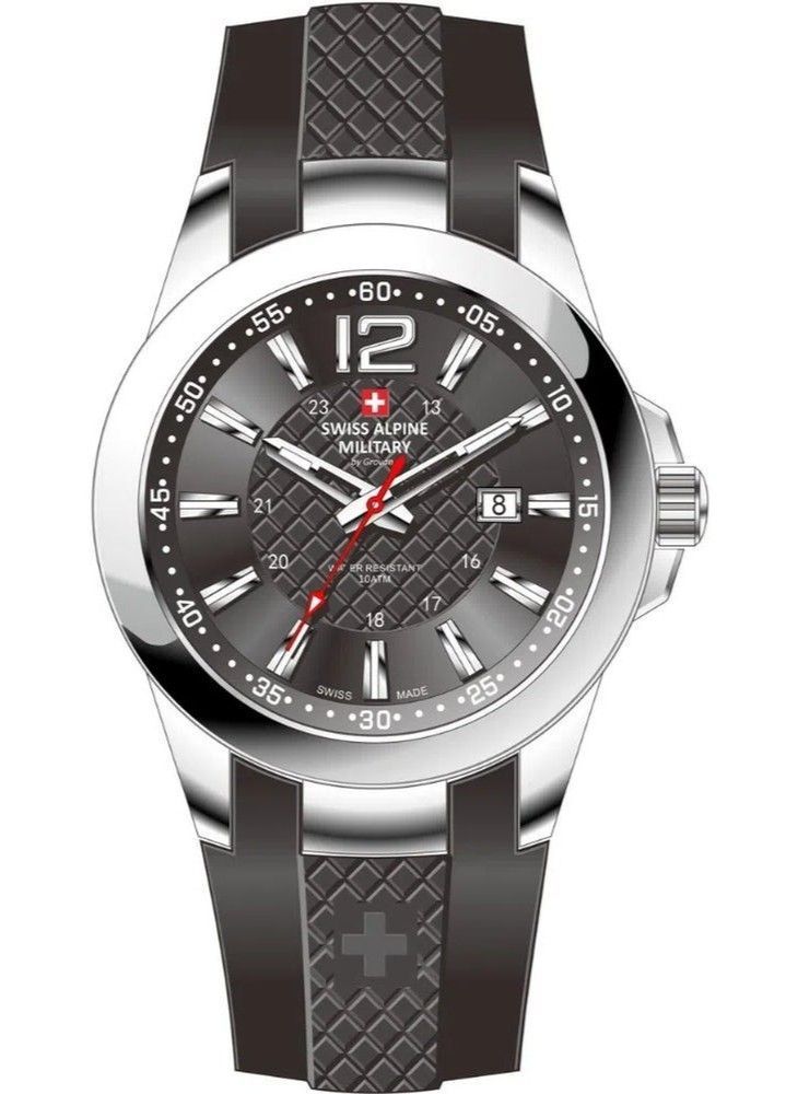 Swiss Alpine Military Combat Quartz movement Black Silicone Female 7758.1837.-.GW. A brand-new Swiss Alpine Military Combat watch featuring a Black dial and a Silicone strap. Angled view.