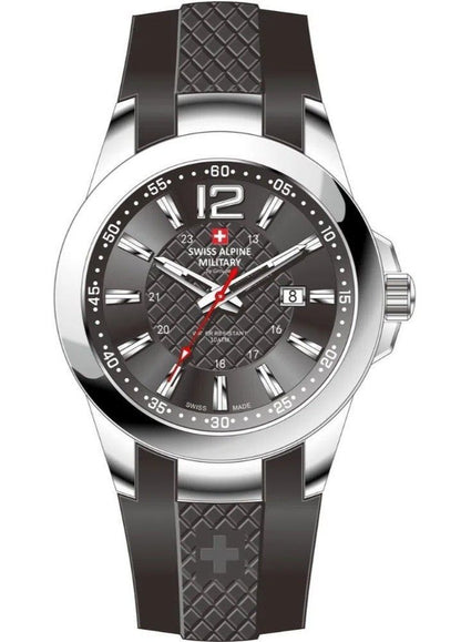 Swiss Alpine Military Combat Quartz movement Black Silicone Female 7758.1837.-.GW. A brand-new Swiss Alpine Military Combat watch featuring a Black dial and a Silicone strap. Angled view.