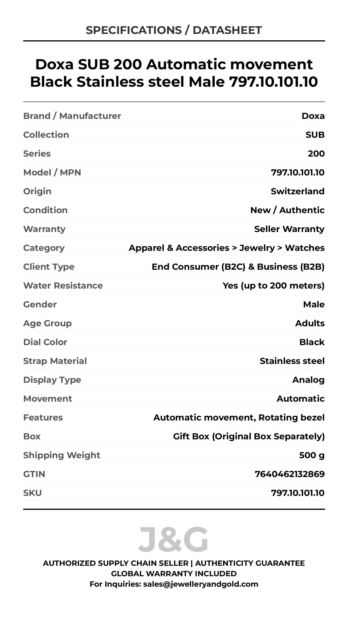 Doxa SUB 200 Automatic movement Black Stainless steel Male 797.10.101.10 - Specifications