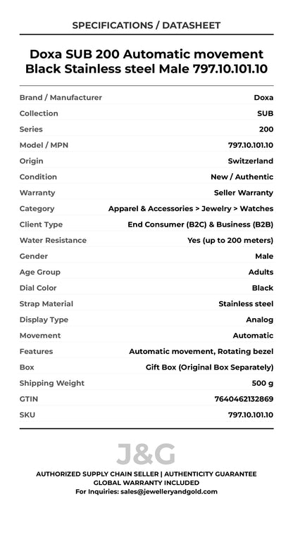 Doxa SUB 200 Automatic movement Black Stainless steel Male 797.10.101.10 - Specifications