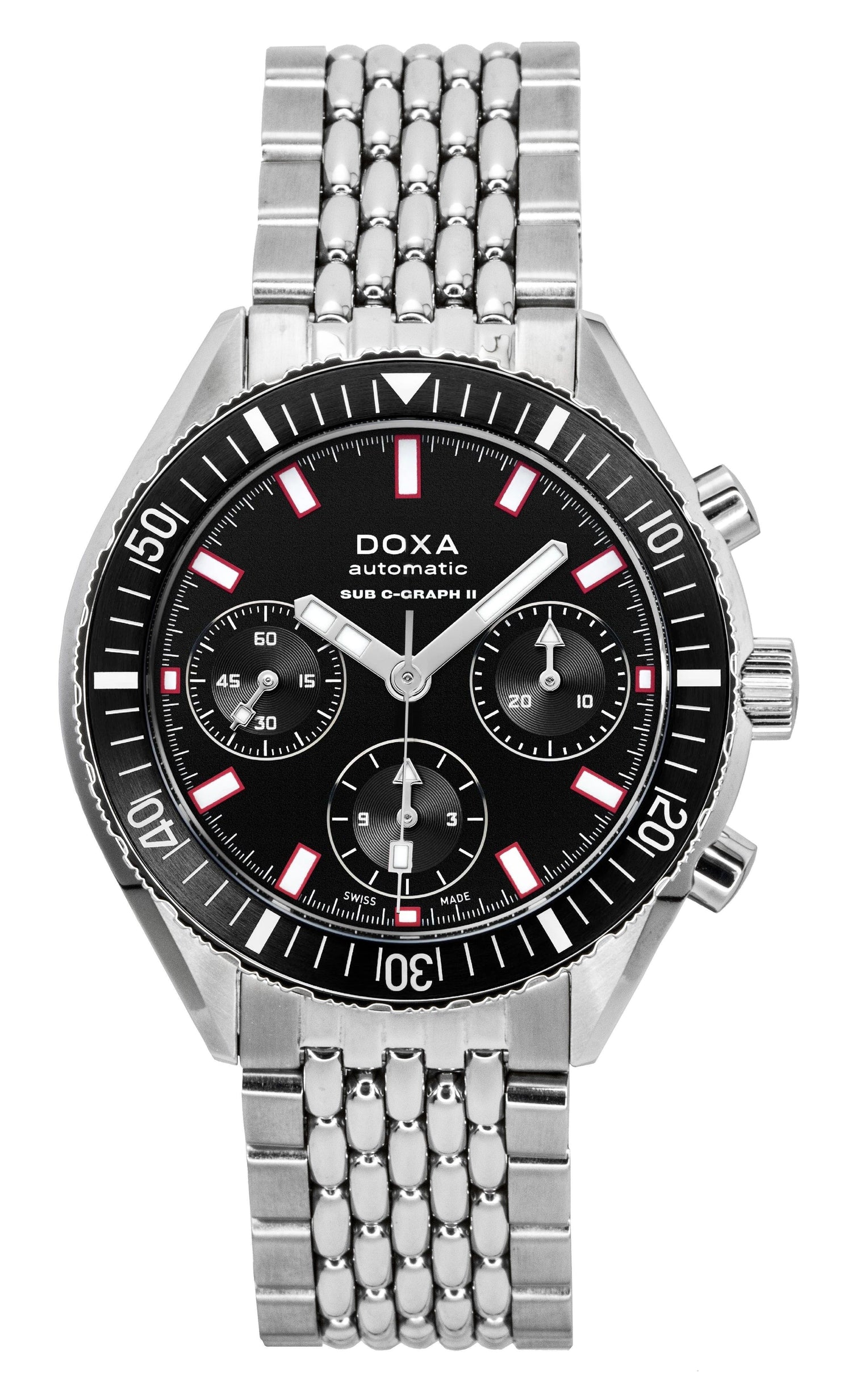 Doxa SUB 200 Automatic movement Black Stainless steel Male 797.10.101.10. A brand-new Doxa SUB watch featuring a Black dial and a Stainless steel strap. Front view.