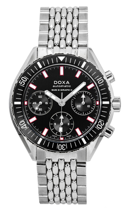 Doxa SUB 200 Automatic movement Black Stainless steel Male 797.10.101.10. A brand-new Doxa SUB watch featuring a Black dial and a Stainless steel strap. Front view.