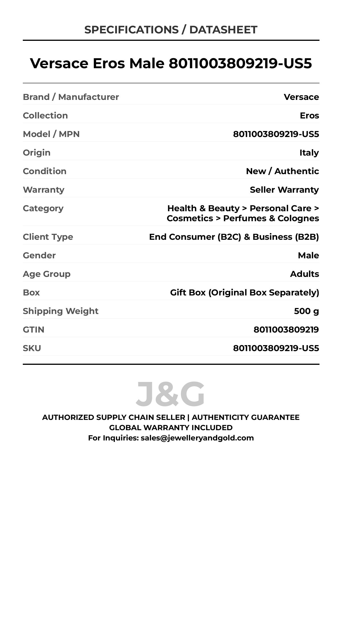 Versace Eros Male 8011003809219-US5 - Specifications