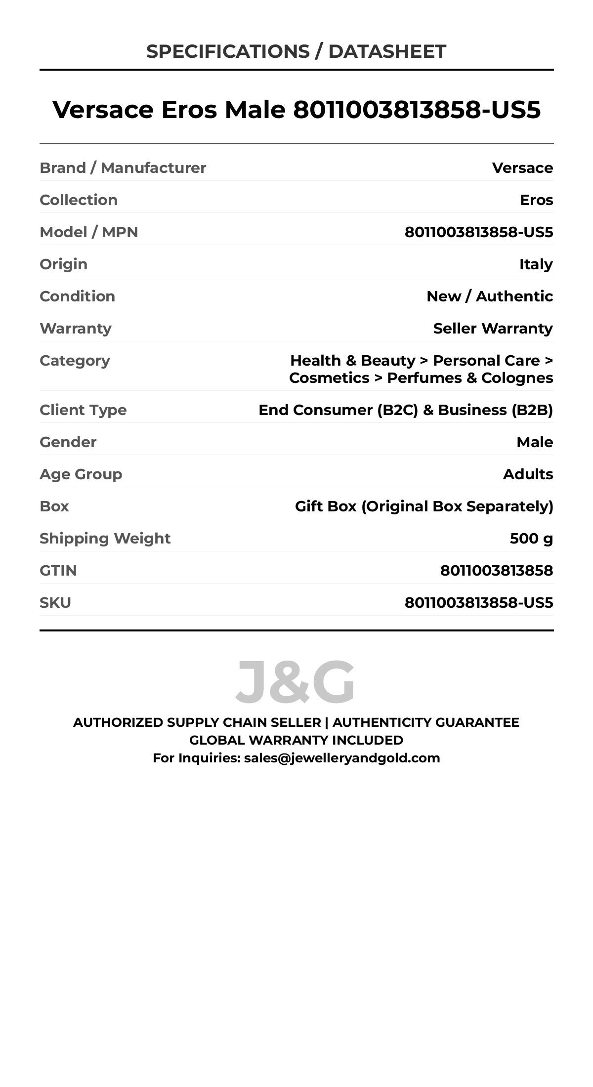 Versace Eros Male 8011003813858-US5 - Specifications