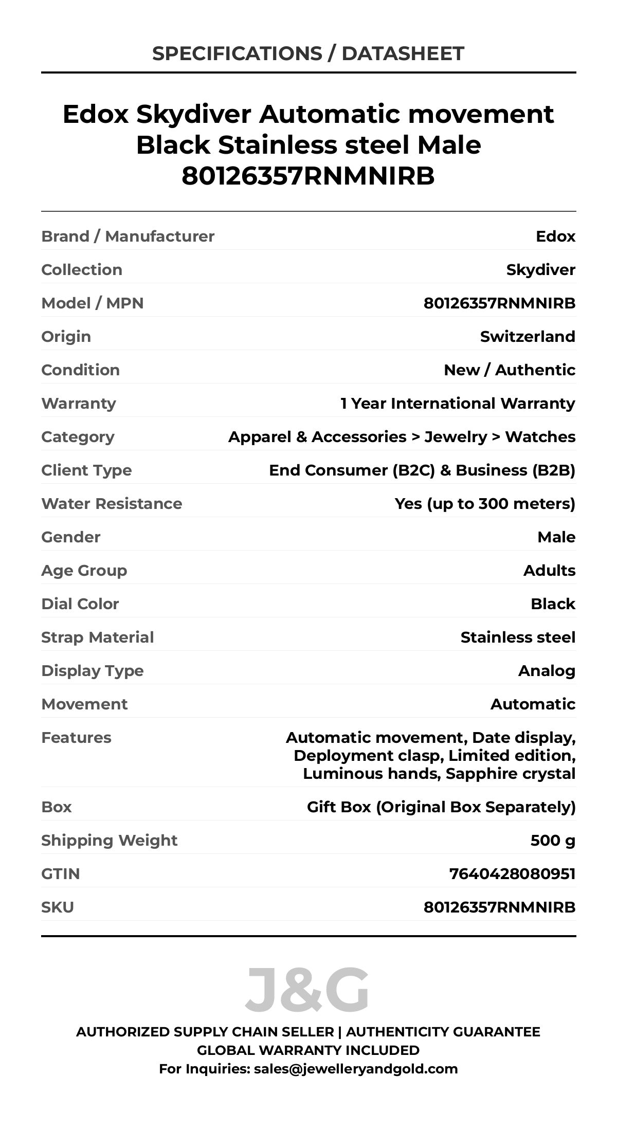 Edox Skydiver Automatic movement Black Stainless steel Male 80126357RNMNIRB - Specifications
