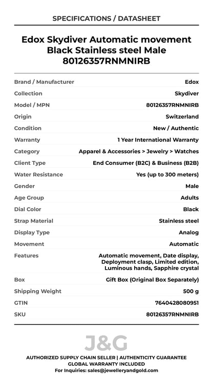 Edox Skydiver Automatic movement Black Stainless steel Male 80126357RNMNIRB - Specifications