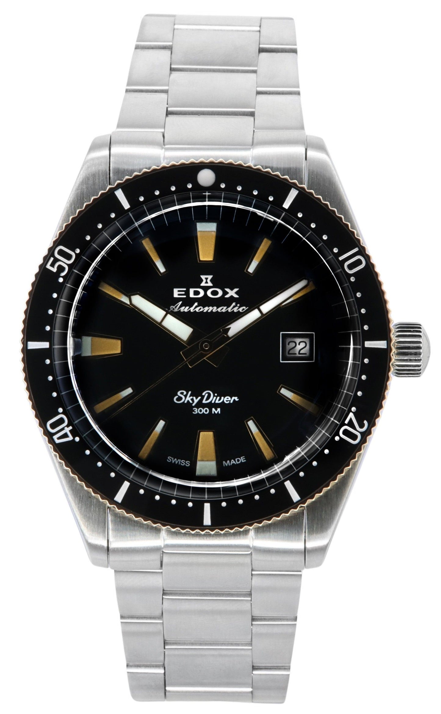 Edox Skydiver Automatic movement Black Stainless steel Male 80126357RNMNIRB. A brand-new Edox Skydiver watch featuring a Black dial and a Stainless steel strap. Angled view.