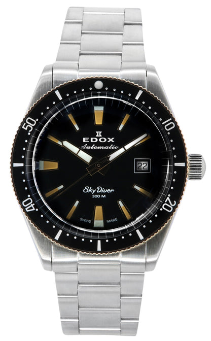 Edox Skydiver Automatic movement Black Stainless steel Male 80126357RNMNIRB. A brand-new Edox Skydiver watch featuring a Black dial and a Stainless steel strap. Angled view.