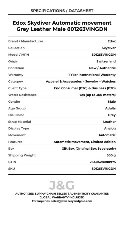 Edox Skydiver Automatic movement Grey Leather Male 801263VINGDN - Specifications