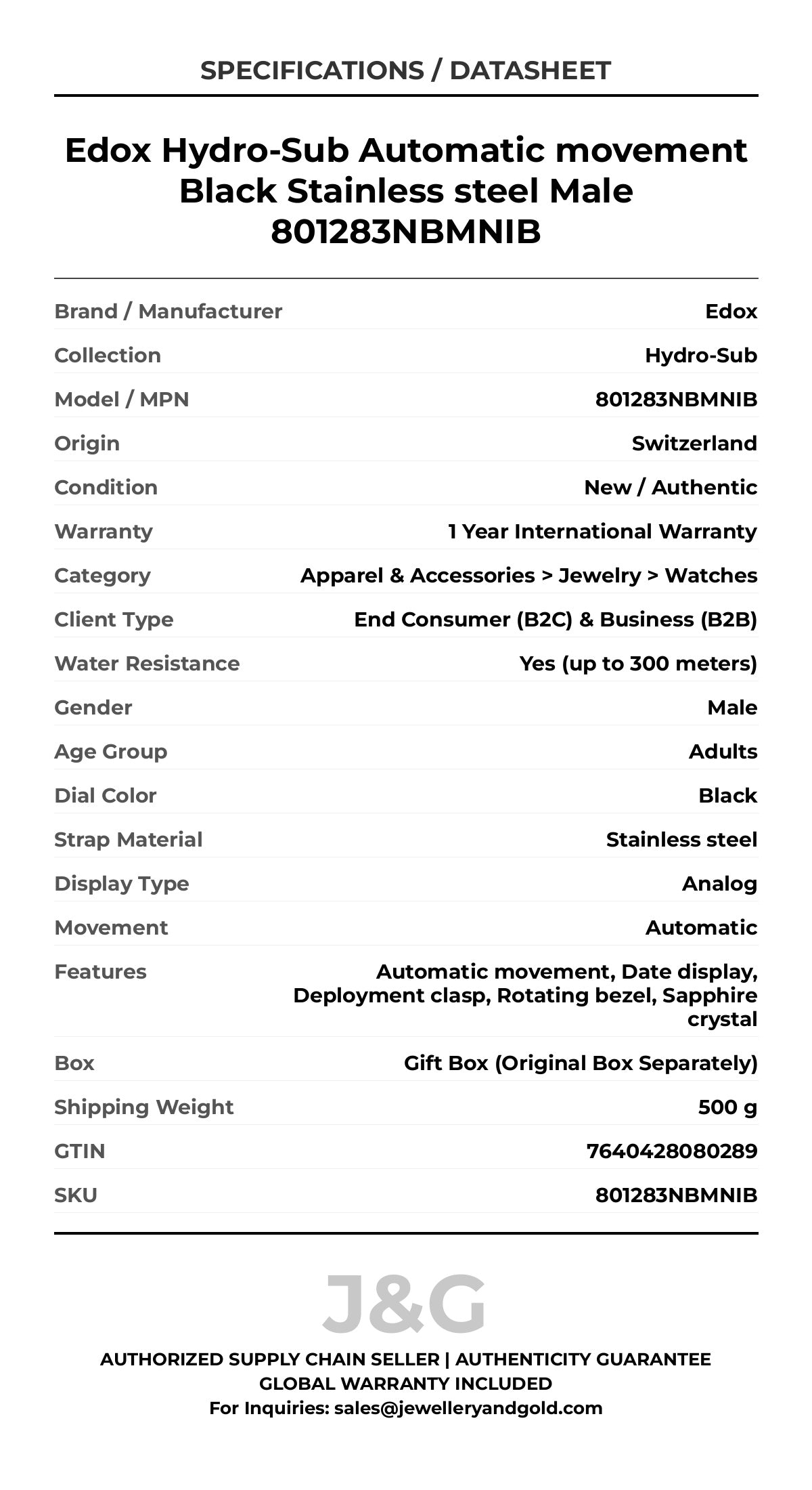 Edox Hydro-Sub Automatic movement Black Stainless steel Male 801283NBMNIB - Specifications