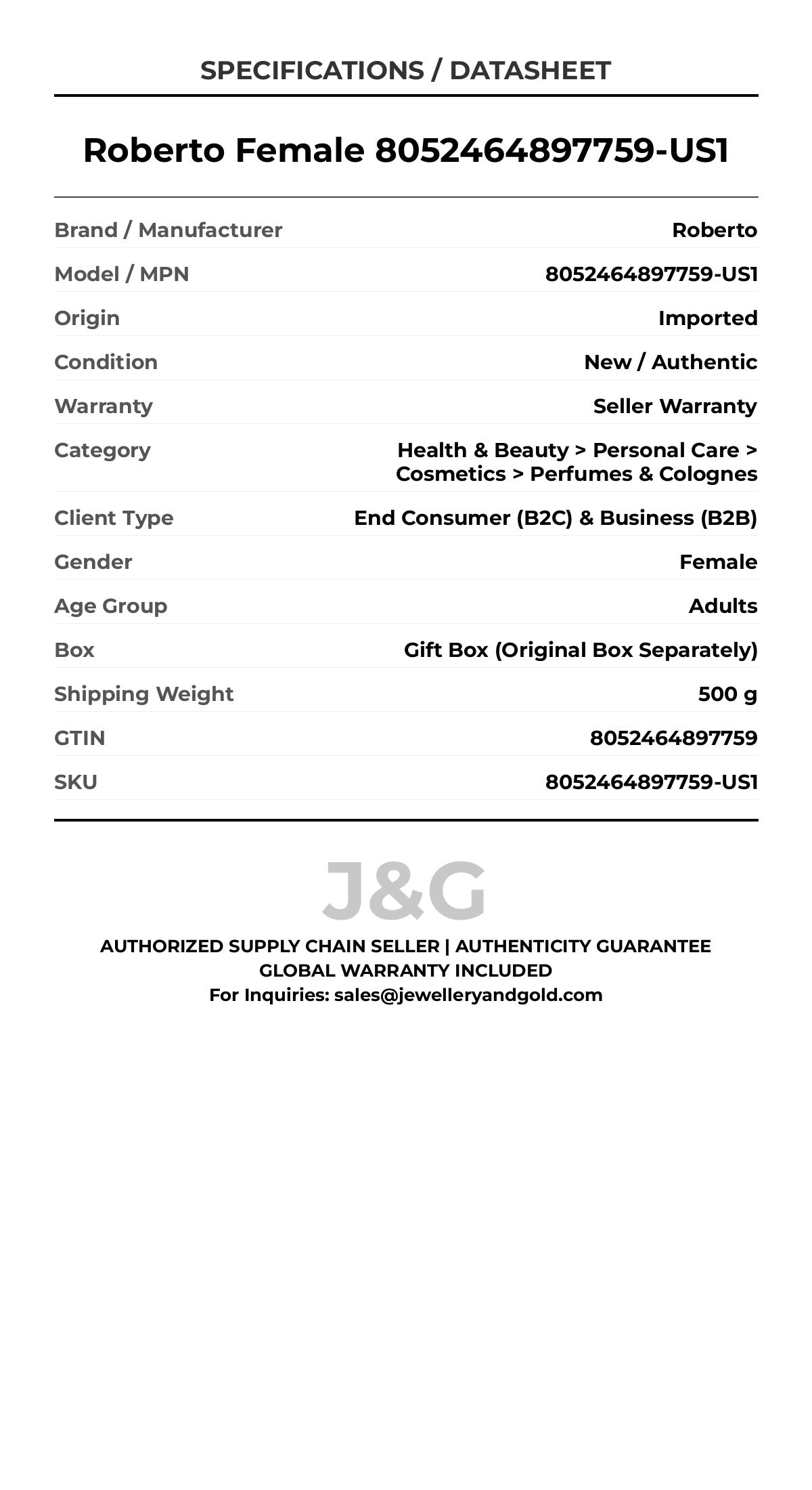 Roberto Female 8052464897759-US1 - Specifications