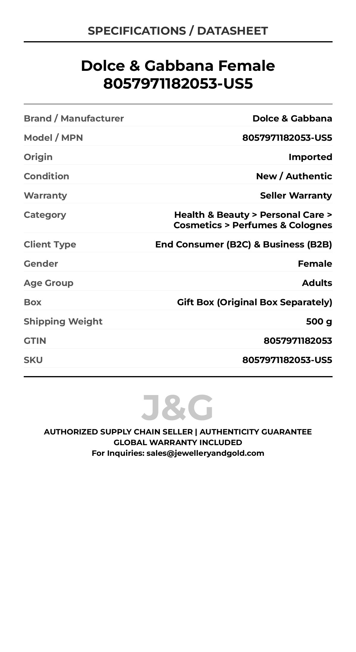 Dolce & Gabbana Female 8057971182053-US5 - Specifications