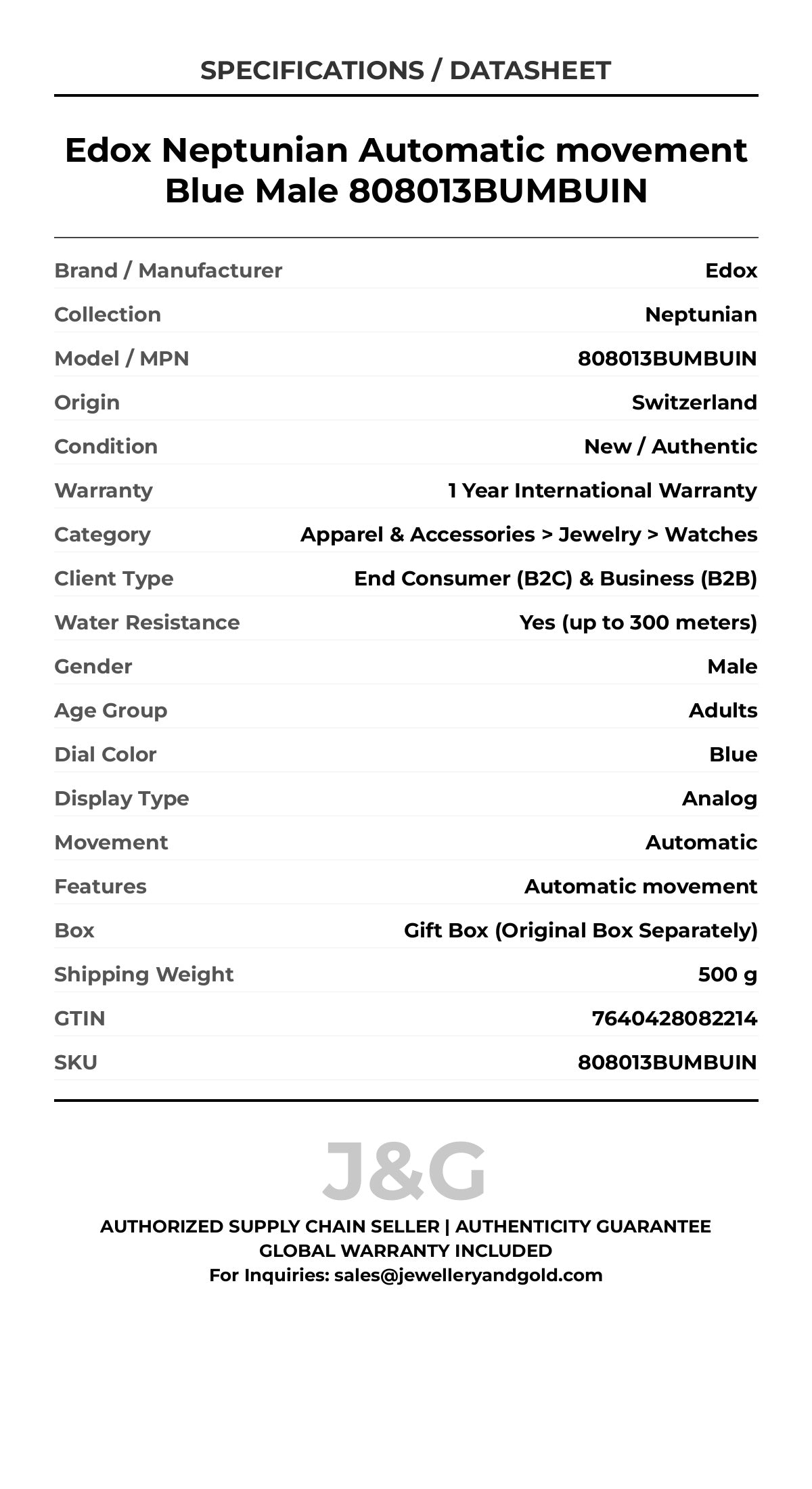 Edox Neptunian Automatic movement Blue Male 808013BUMBUIN - Specifications