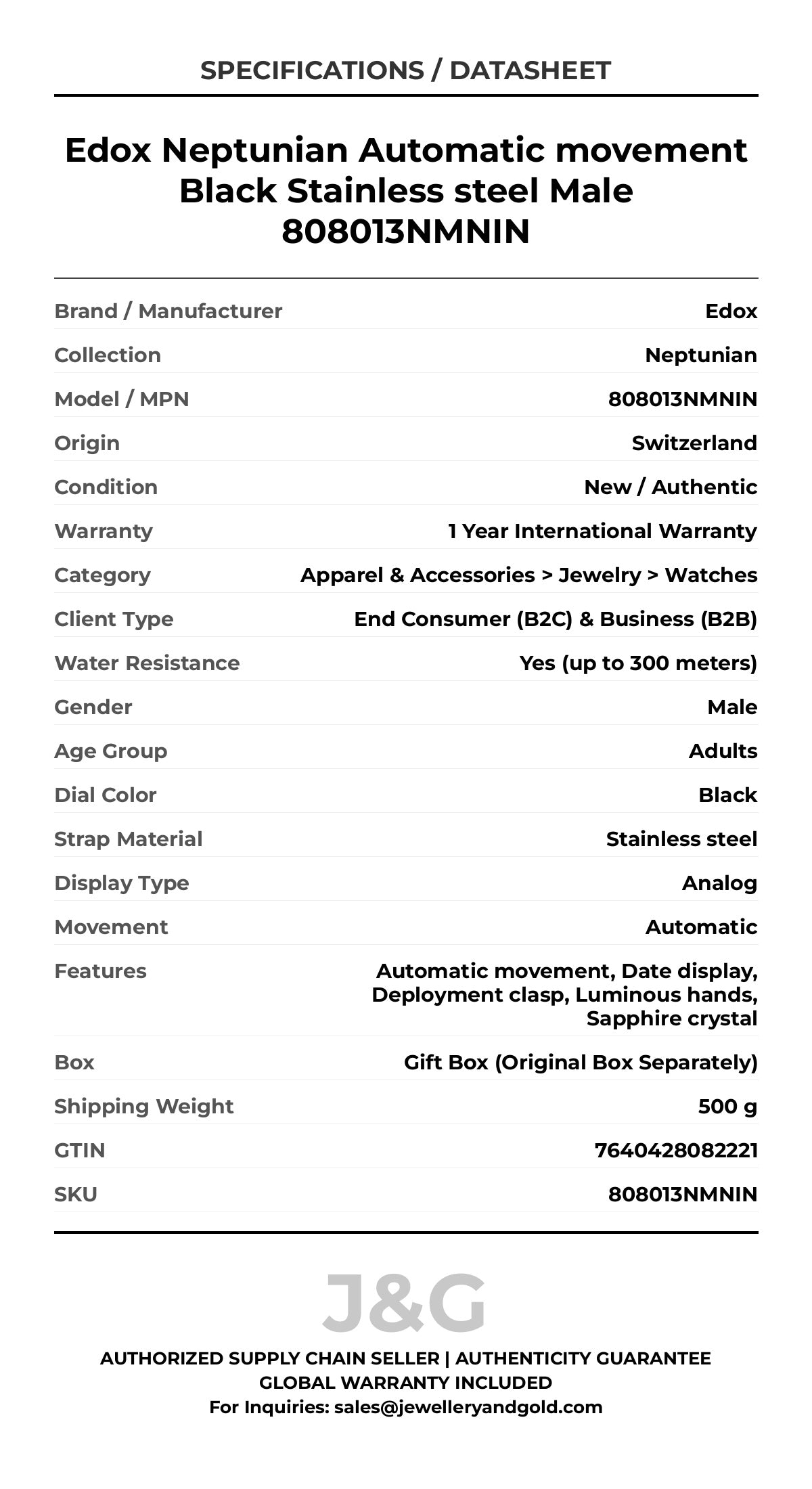 Edox Neptunian Automatic movement Black Stainless steel Male 808013NMNIN - Specifications