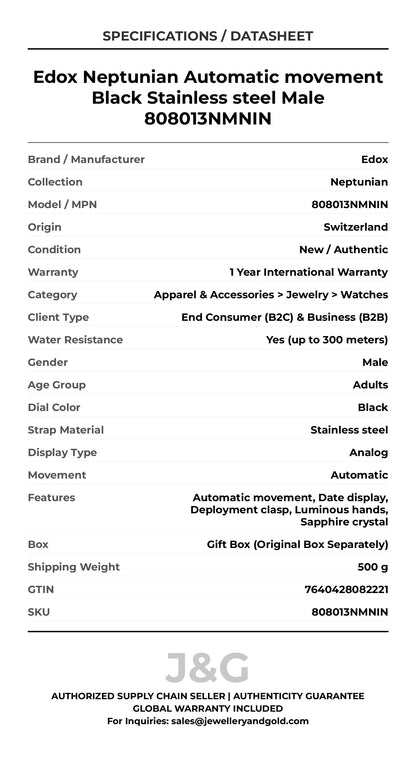 Edox Neptunian Automatic movement Black Stainless steel Male 808013NMNIN - Specifications