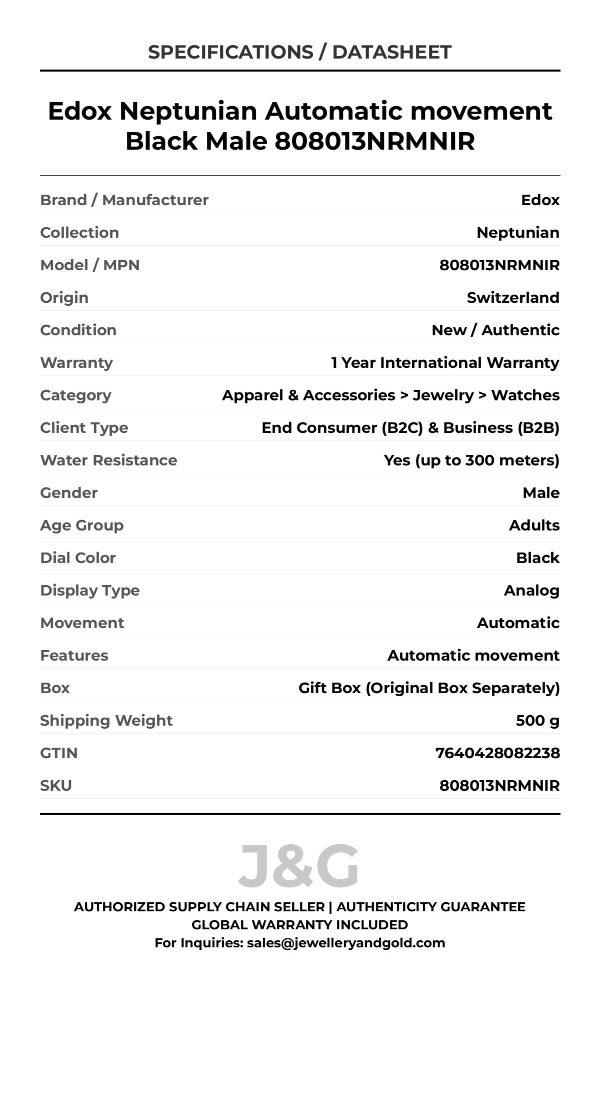 Edox Neptunian Automatic movement Black Male 808013NRMNIR - Specifications