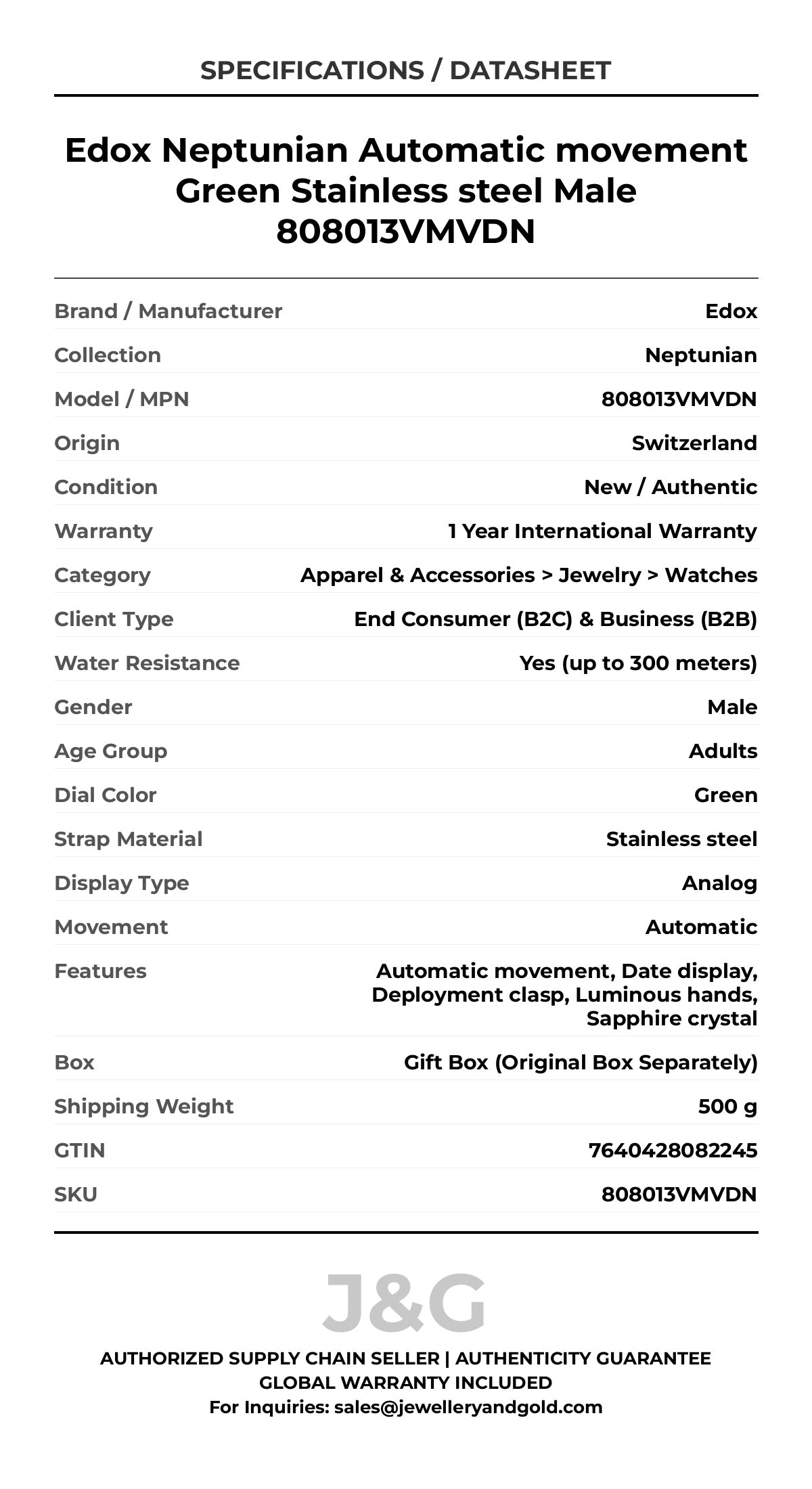 Edox Neptunian Automatic movement Green Stainless steel Male 808013VMVDN - Specifications
