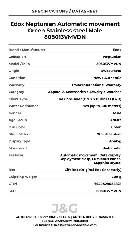 Edox Neptunian Automatic movement Green Stainless steel Male 808013VMVDN - Specifications
