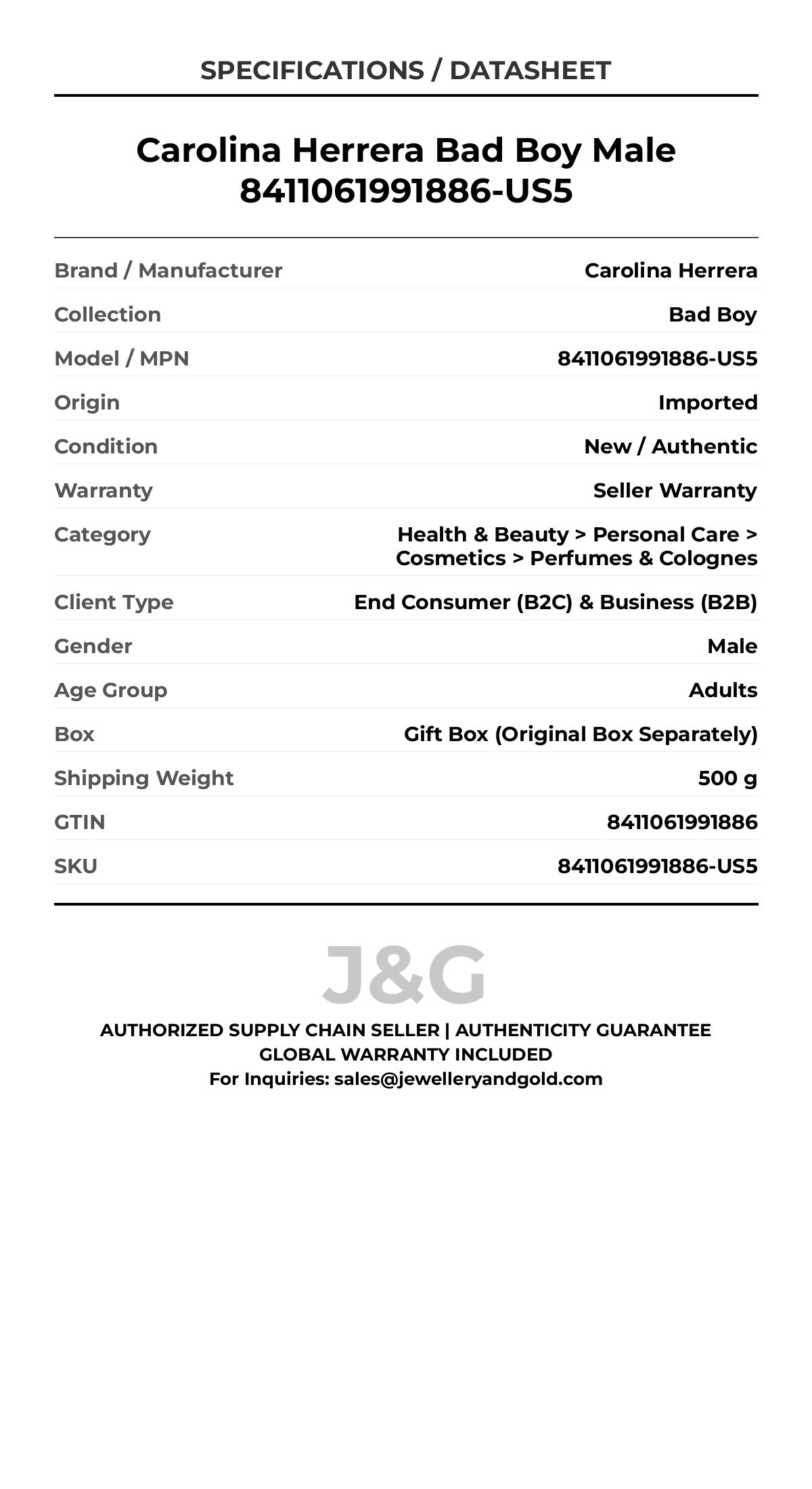 Carolina Herrera Bad Boy Male 8411061991886-US5 - Specifications