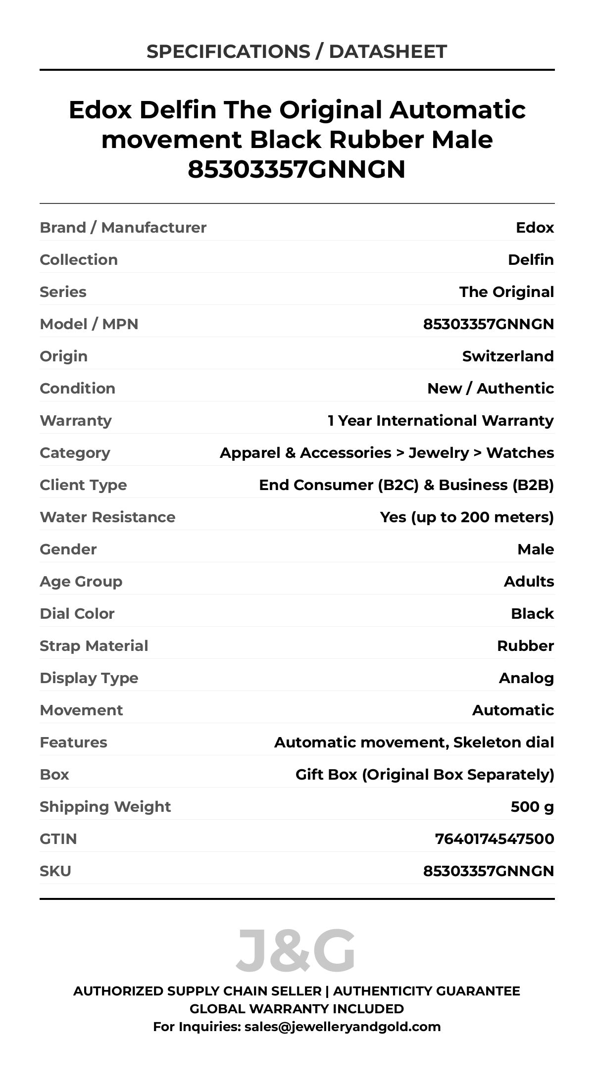 Edox Delfin The Original Automatic movement Black Rubber Male 85303357GNNGN - Specifications