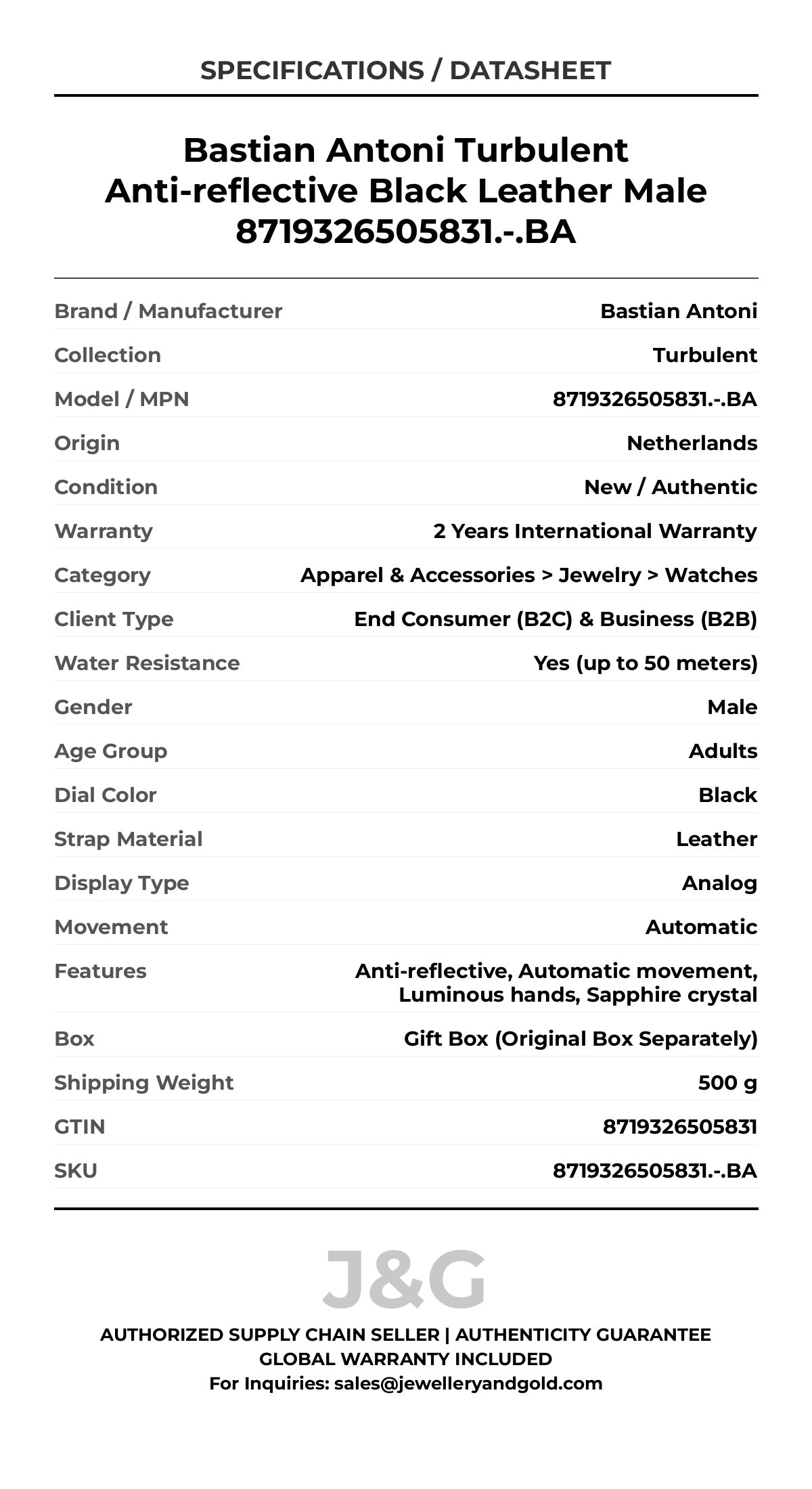 Bastian Antoni Turbulent Anti-reflective Black Leather Male 8719326505831.-.BA - Specifications