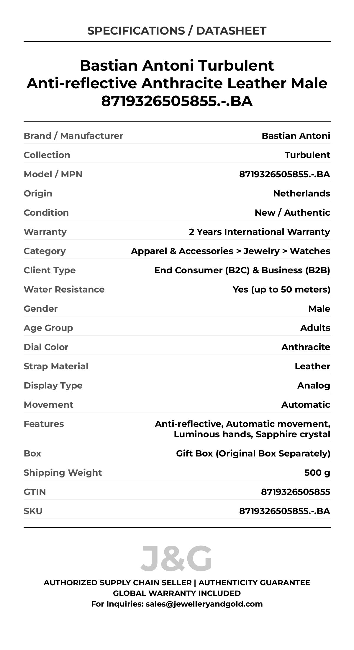 Bastian Antoni Turbulent Anti-reflective Anthracite Leather Male 8719326505855.-.BA - Specifications