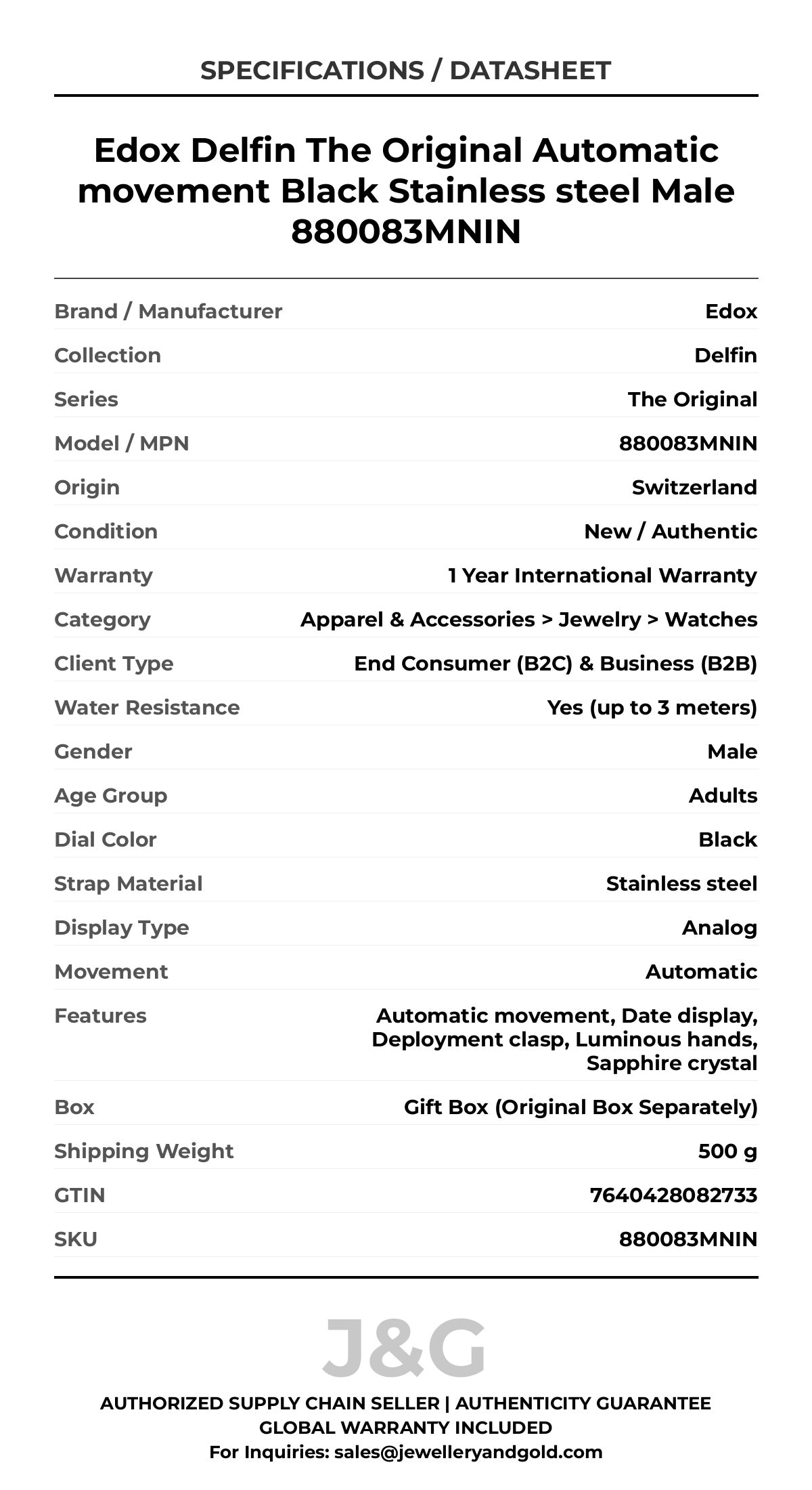 Edox Delfin The Original Automatic movement Black Stainless steel Male 880083MNIN - Specifications