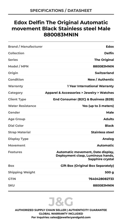 Edox Delfin The Original Automatic movement Black Stainless steel Male 880083MNIN - Specifications