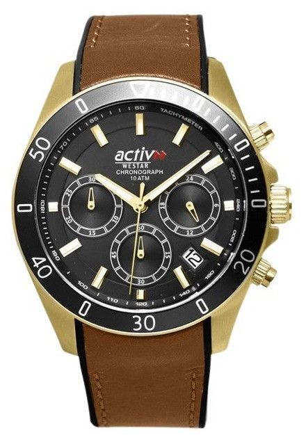 Westar Activ Date display Black Leather Male 90245GPN183. A brand-new Westar Activ watch featuring a Black dial and a Leather strap. Side view.