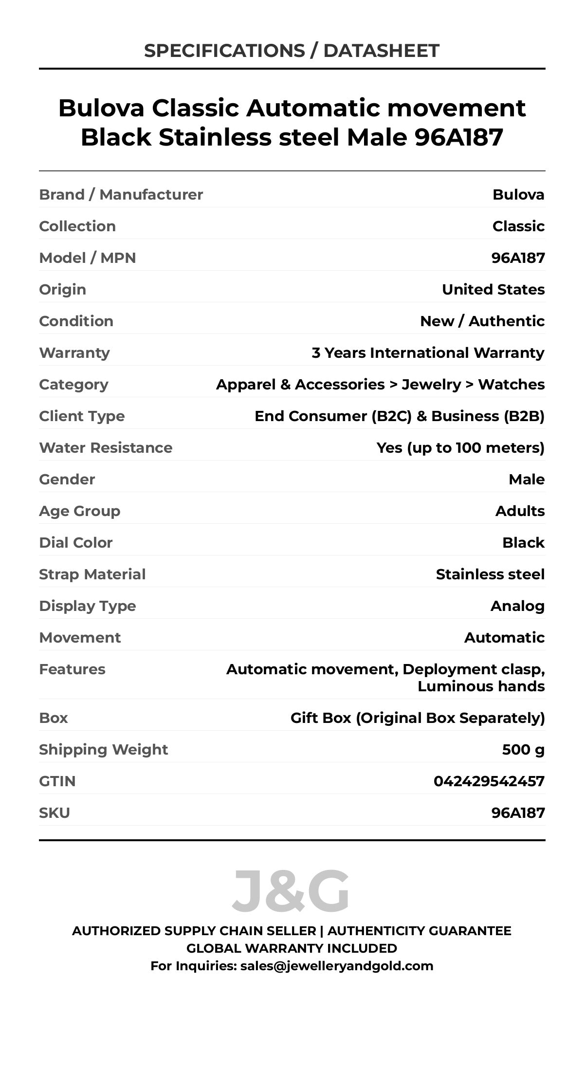 Bulova Classic Automatic movement Black Stainless steel Male 96A187 - Specifications
