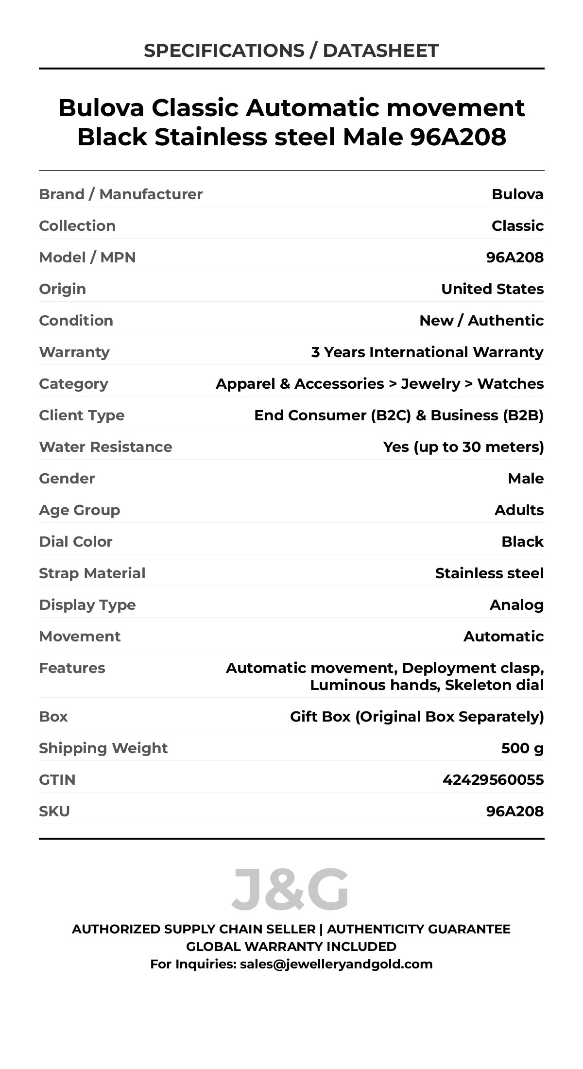 Bulova Classic Automatic movement Black Stainless steel Male 96A208 - Specifications
