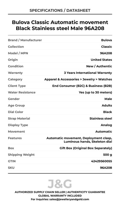 Bulova Classic Automatic movement Black Stainless steel Male 96A208 - Specifications