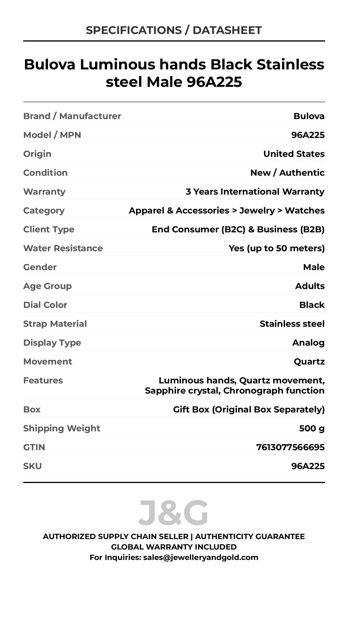 Bulova Luminous hands Black Stainless steel Male 96A225 - Specifications