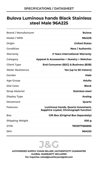 Bulova Luminous hands Black Stainless steel Male 96A225 - Specifications