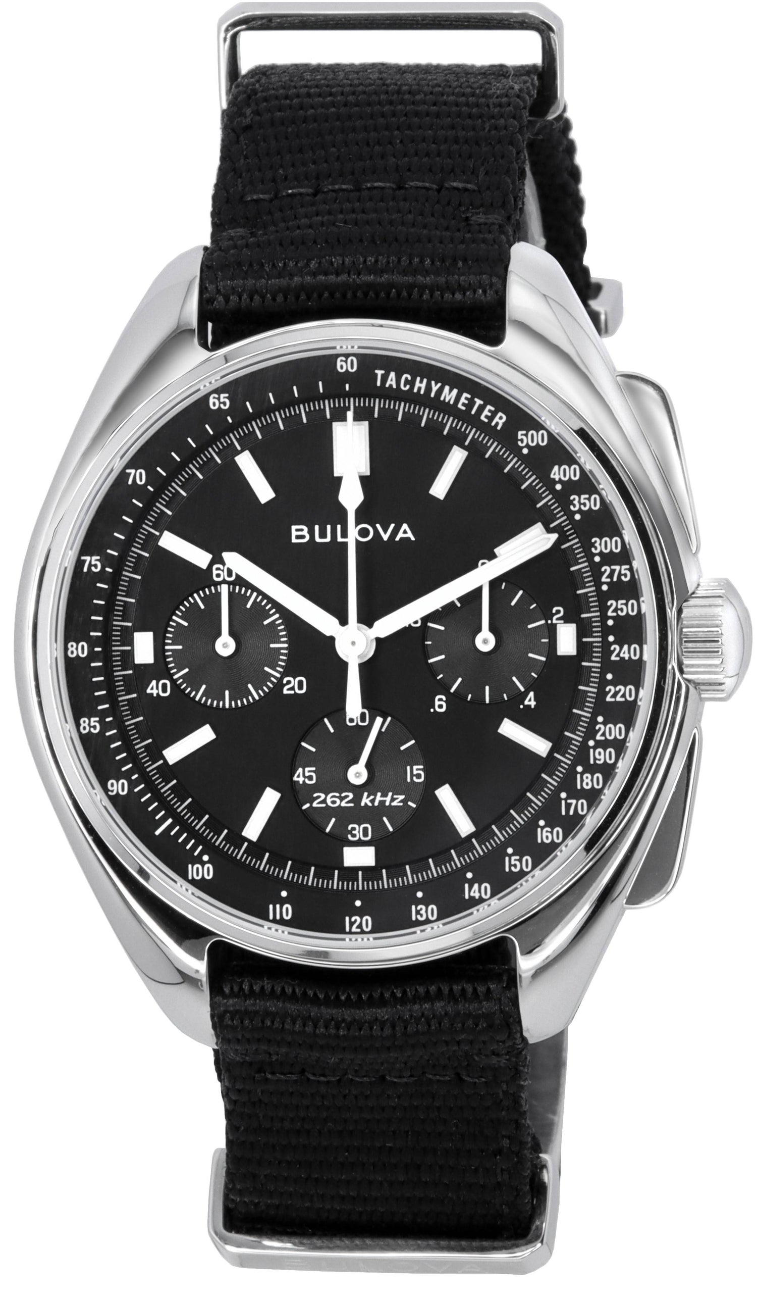 Bulova Luminous hands Black Stainless steel Male 96A225. A brand-new Bulova watch featuring a Black dial and a Stainless steel strap. Angled view.