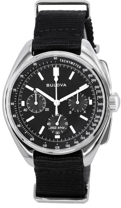 Bulova Luminous hands Black Stainless steel Male 96A225. A brand-new Bulova watch featuring a Black dial and a Stainless steel strap. Angled view.