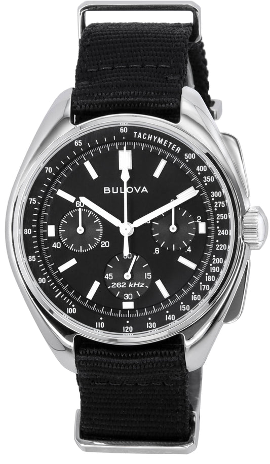 Bulova Luminous hands Black Stainless steel Male 96A225. A brand-new Bulova watch featuring a Black dial and a Stainless steel strap. Angled view.