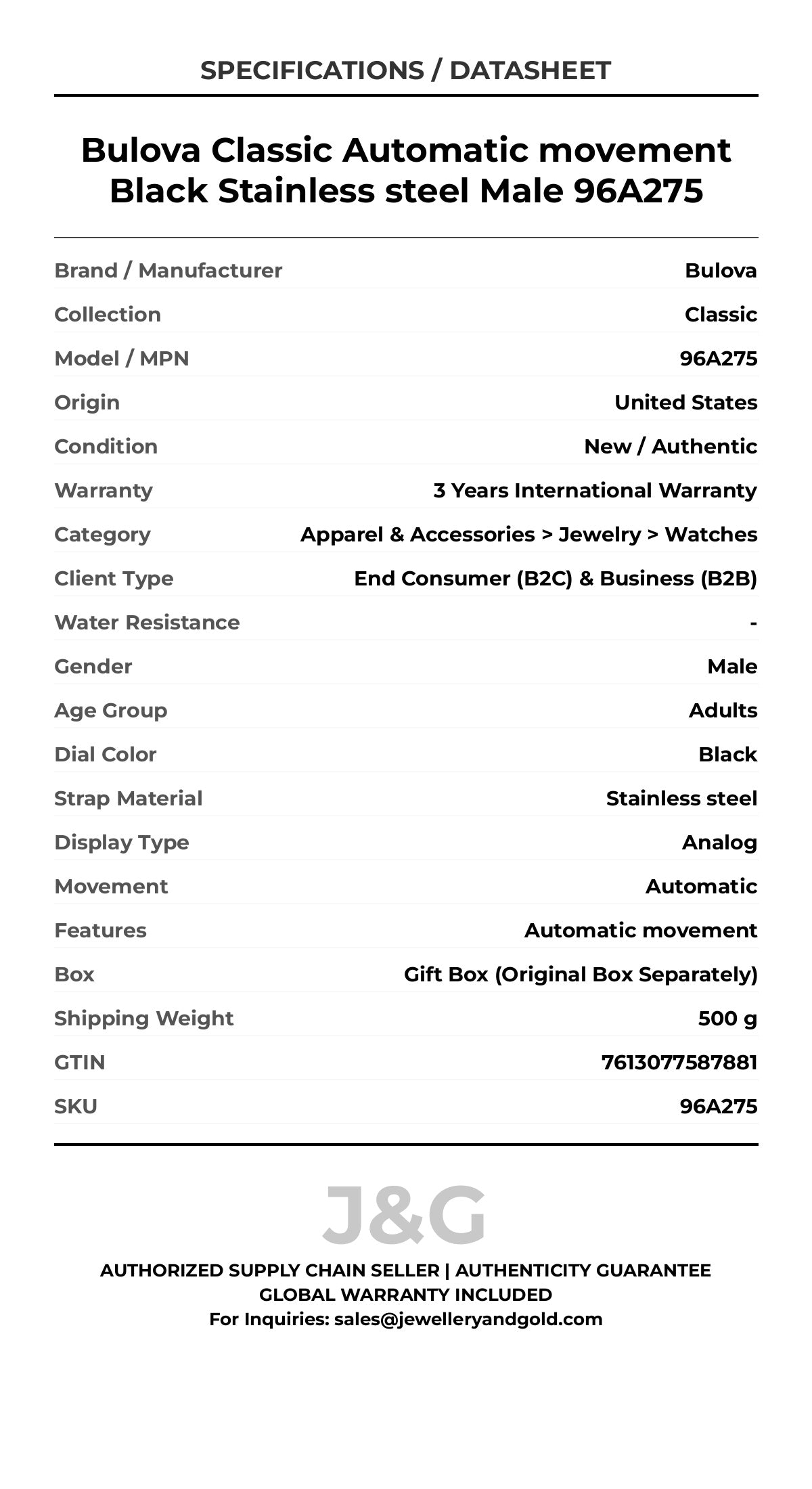 Bulova Classic Automatic movement Black Stainless steel Male 96A275 - Specifications