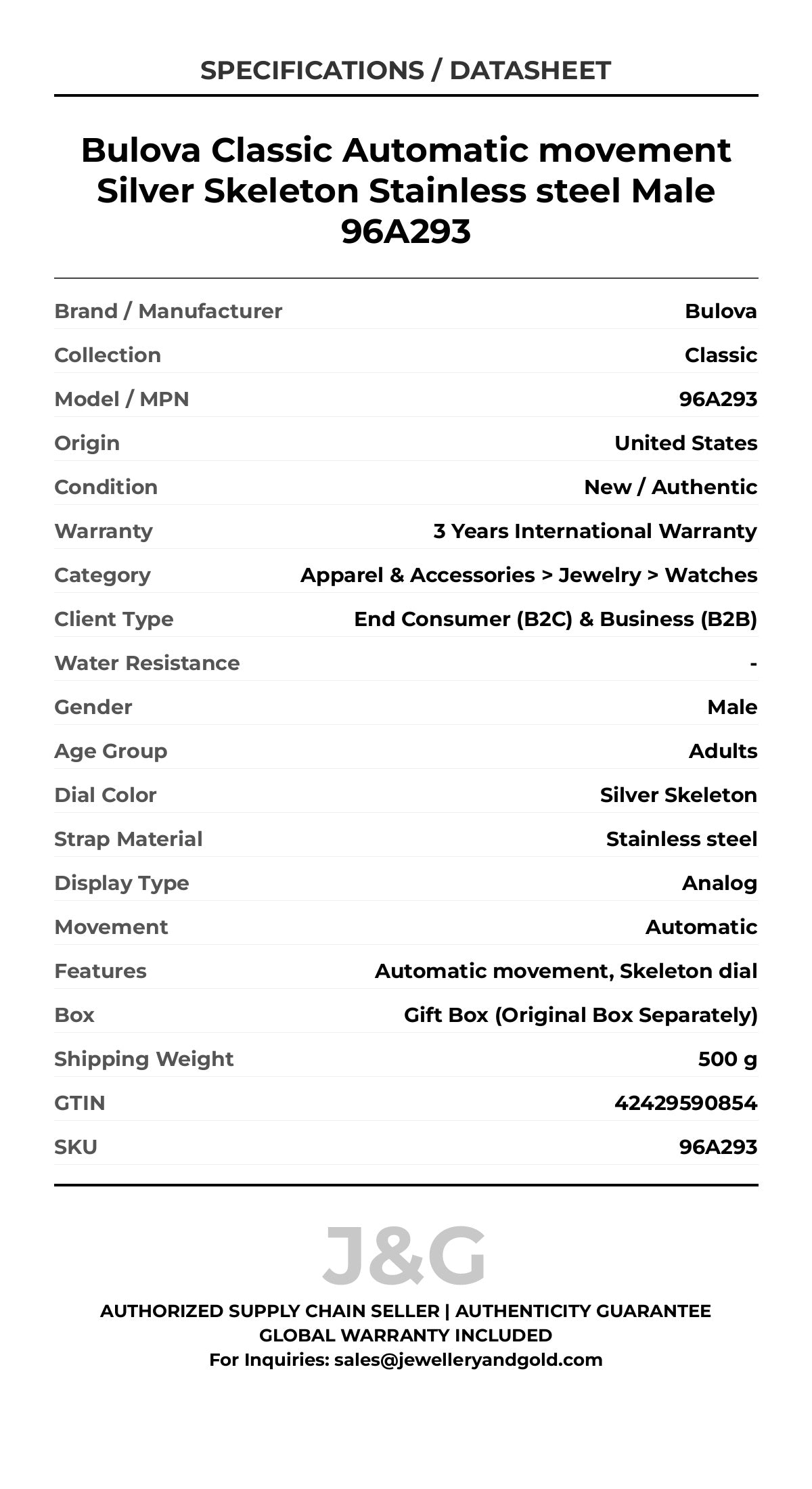Bulova Classic Automatic movement Silver Skeleton Stainless steel Male 96A293 - Specifications