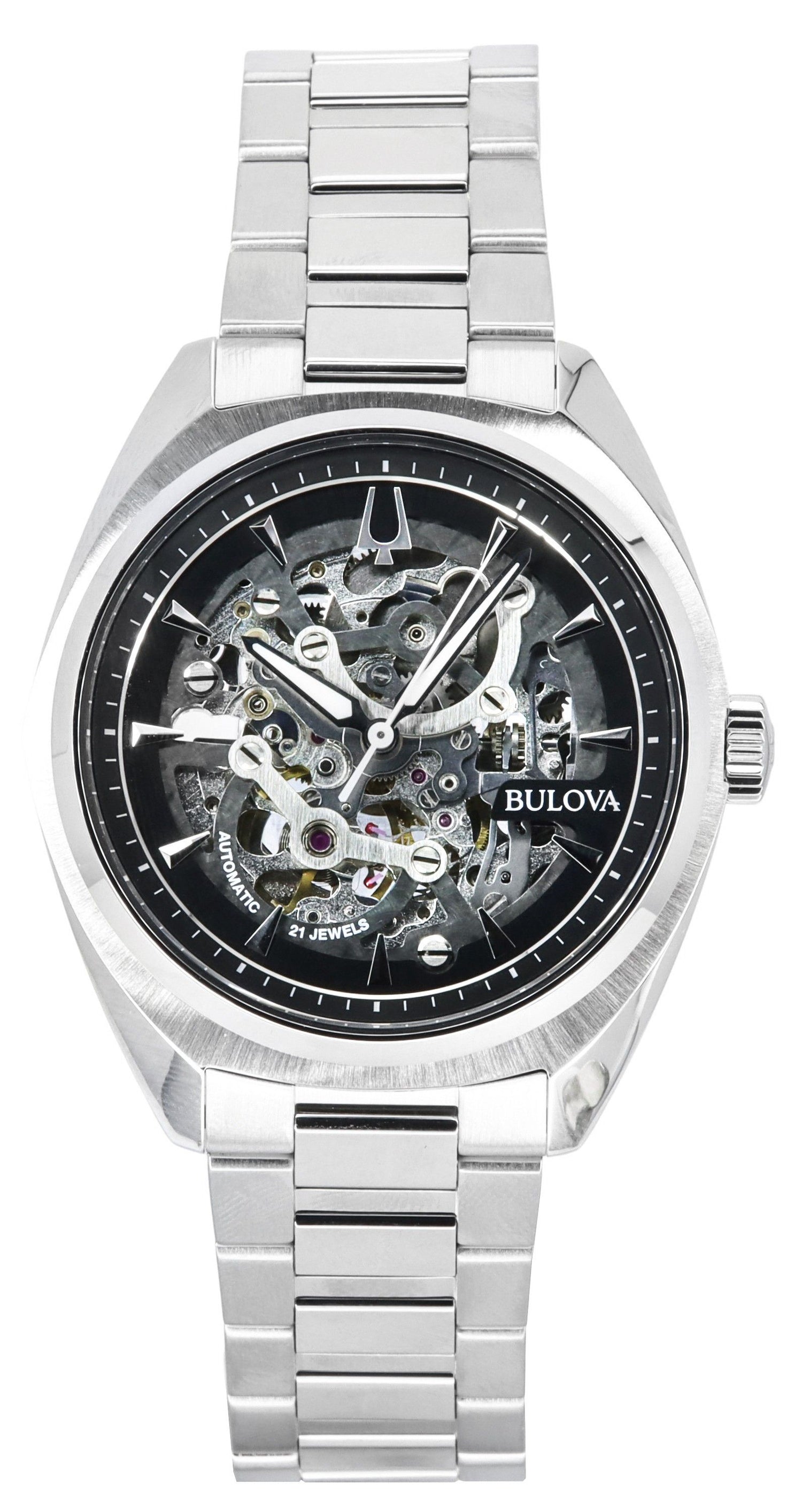 Bulova Classic Automatic movement Silver Skeleton Stainless steel Male 96A293. A brand-new Bulova Classic watch featuring a Silver Skeleton dial and a Stainless steel strap. Side view.