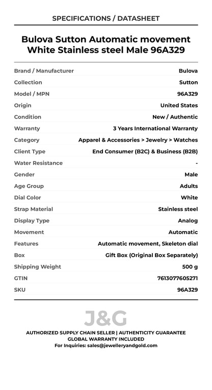 Bulova Sutton Automatic movement White Stainless steel Male 96A329 - Specifications