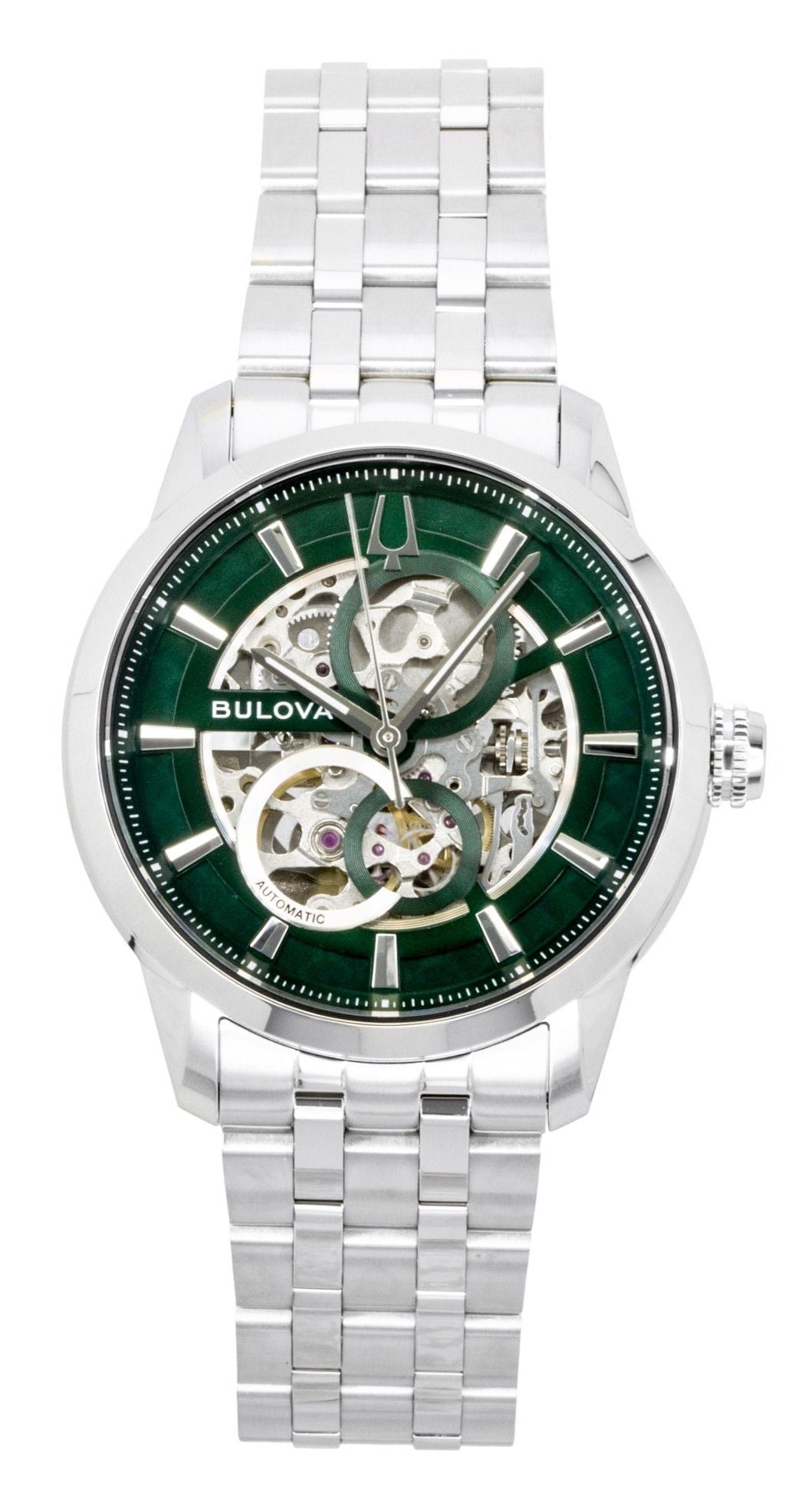 Bulova Sutton Automatic movement White Stainless steel Male 96A329. A brand-new Bulova Sutton watch featuring a White dial and a Stainless steel strap. Side view.