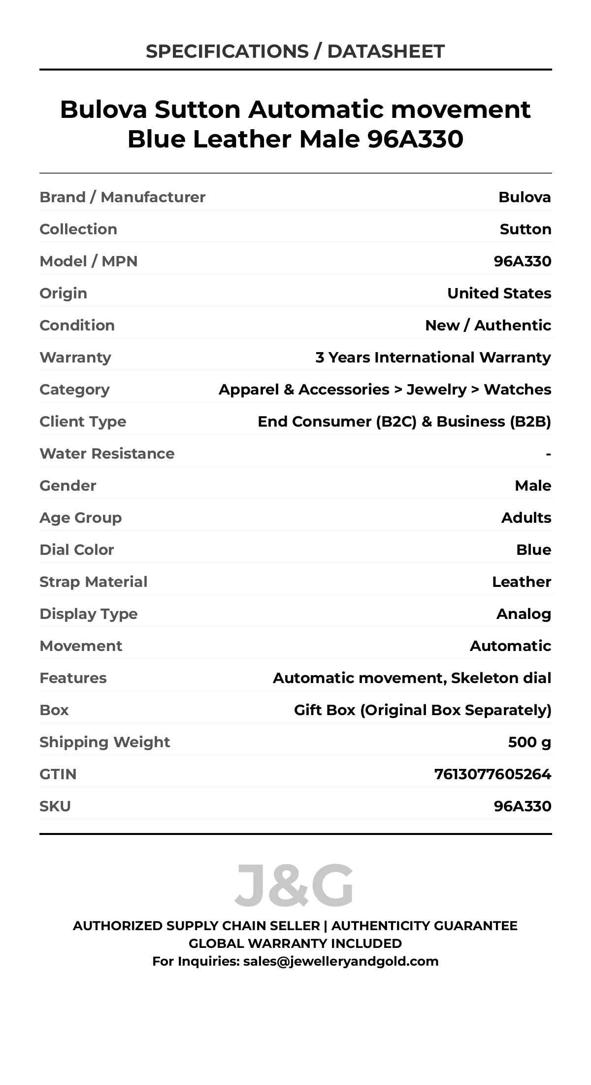 Bulova Sutton Automatic movement Blue Leather Male 96A330 - Specifications