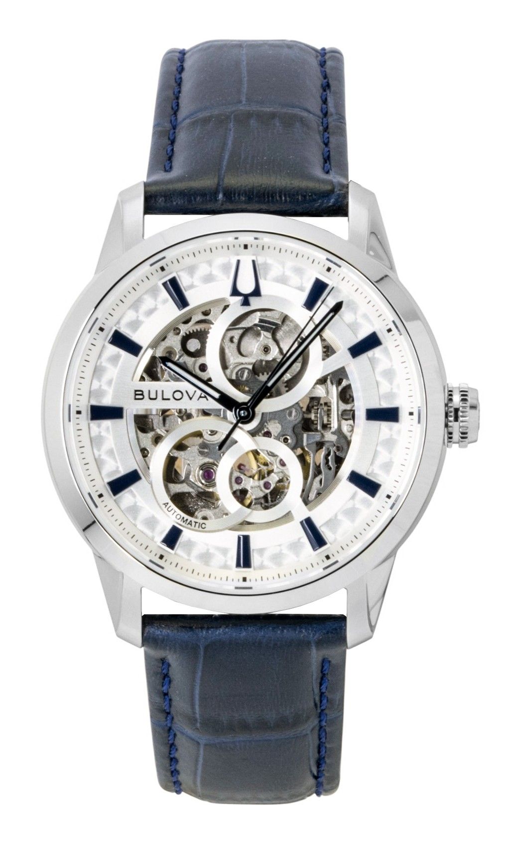 Bulova Sutton Automatic movement Blue Leather Male 96A330. A brand-new Bulova Sutton watch featuring a Blue dial and a Leather strap. Side view.