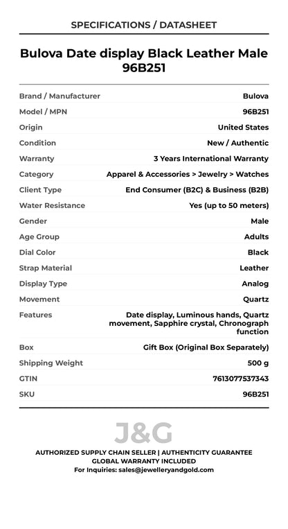 Bulova Date display Black Leather Male 96B251 - Specifications