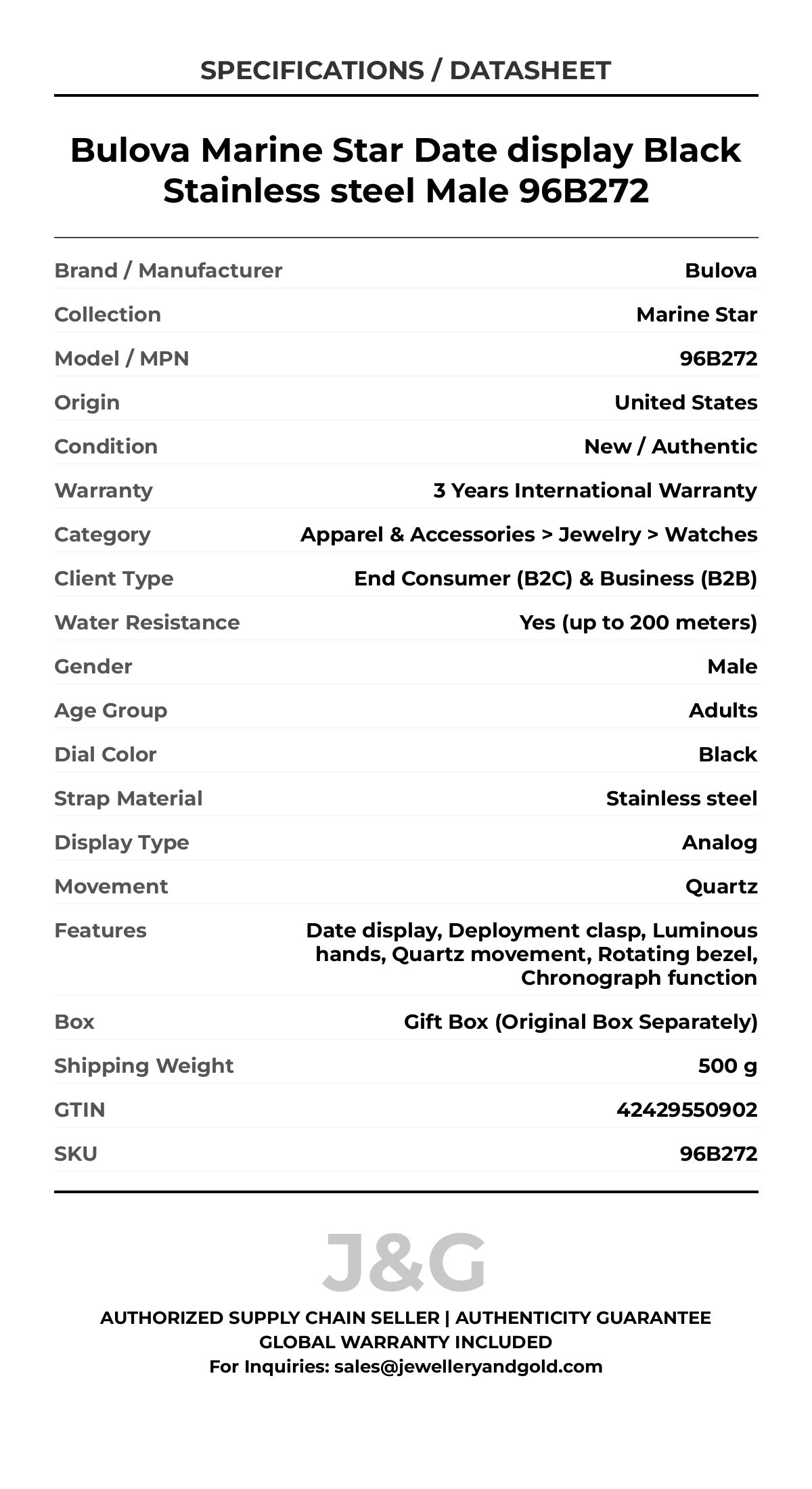 Bulova Marine Star Date display Black Stainless steel Male 96B272 - Specifications