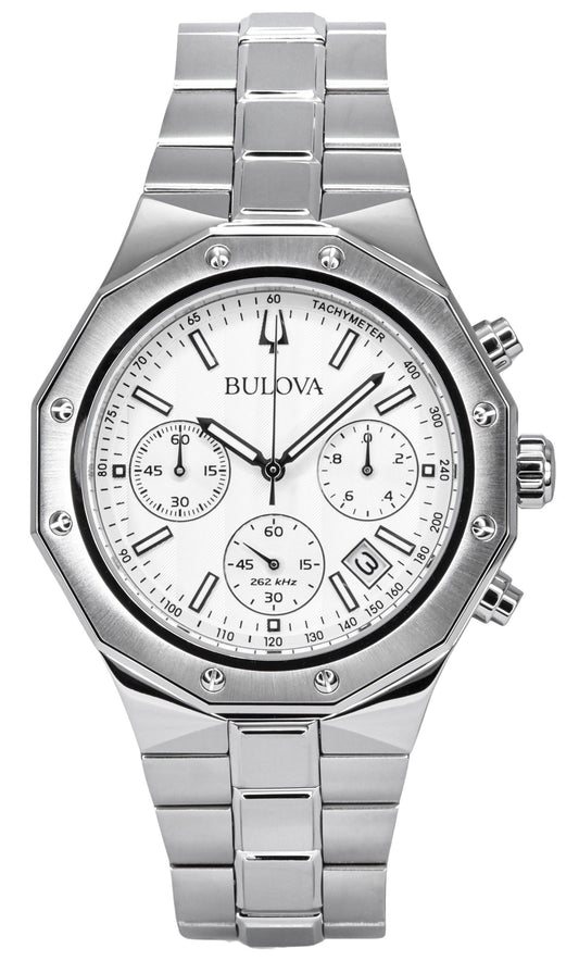 Bulova Classic Quartz movement Silver Stainless steel Male 96B408. A brand-new Bulova Classic watch featuring a Silver dial and a Stainless steel strap. Angled view.