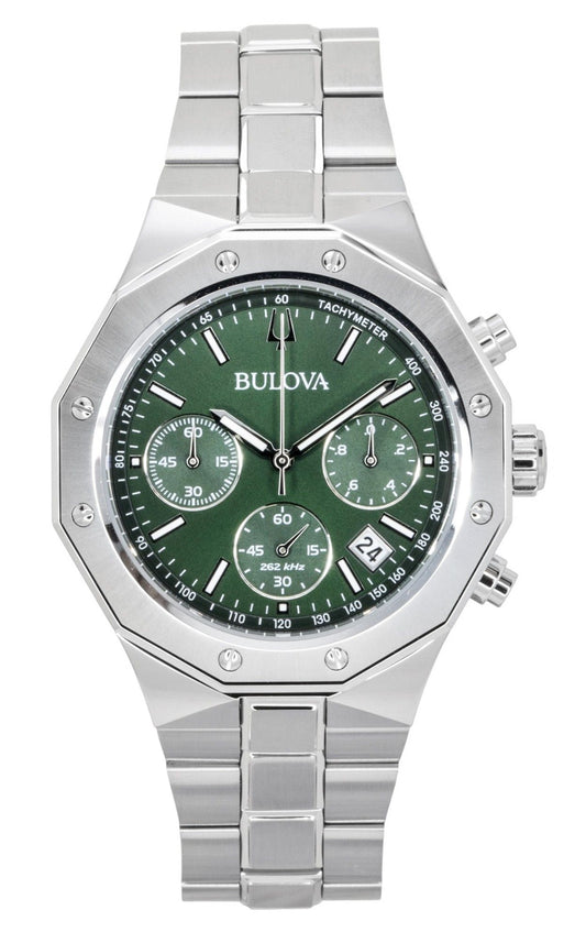 Bulova Quartz movement Green Stainless steel Male 96B409. A brand-new Bulova watch featuring a Green dial and a Stainless steel strap. Front view.