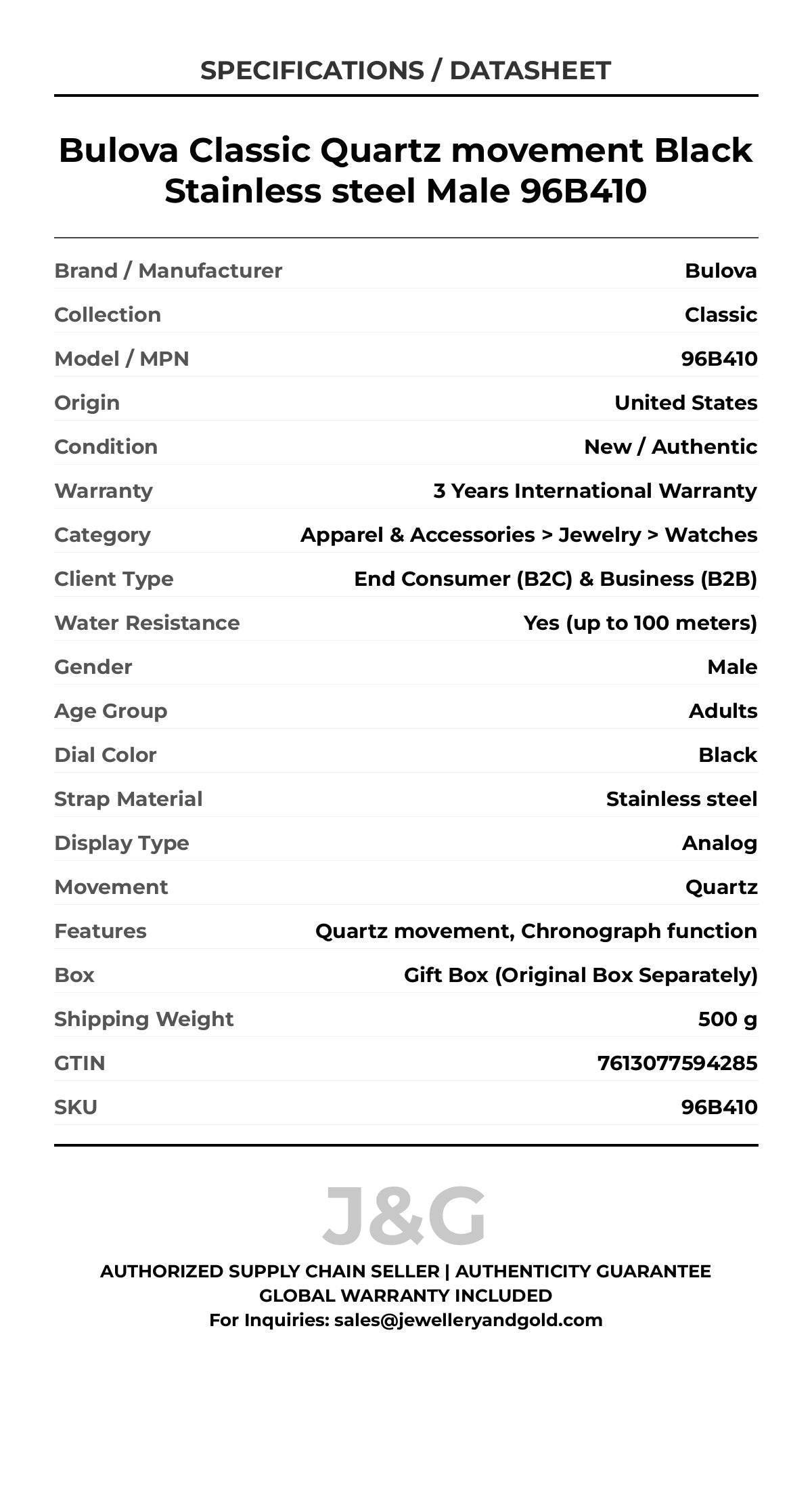 Bulova Classic Quartz movement Black Stainless steel Male 96B410 - Specifications