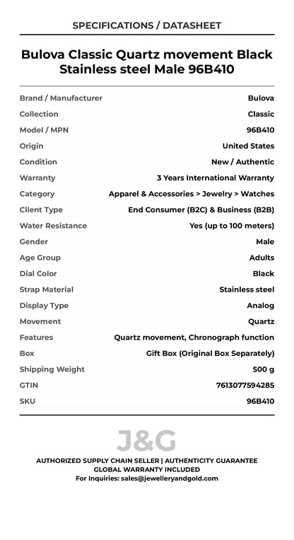 Bulova Classic Quartz movement Black Stainless steel Male 96B410 - Specifications